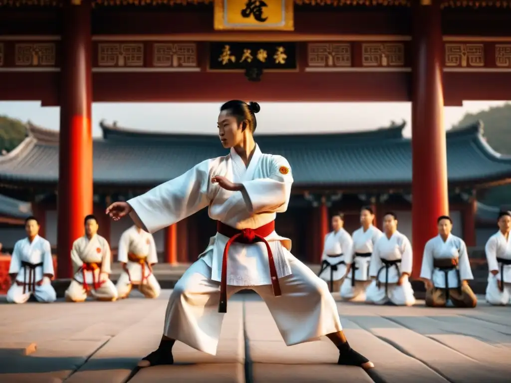 Rituales de iniciación en artes marciales: Estudiantes de artes marciales en uniforme blanco, inclinándose hacia un templo antiguo al amanecer