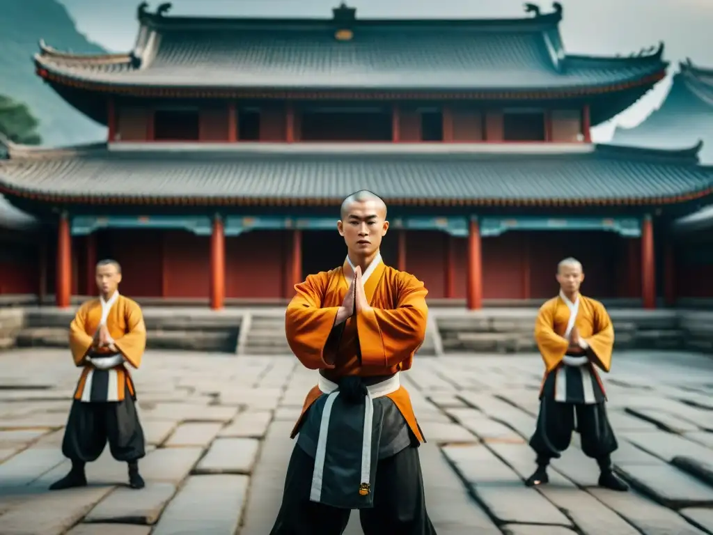 Rituales de iniciación en artes marciales: Estudiantes de Shaolin Kung Fu en poses poderosas y precisas en un patio sereno