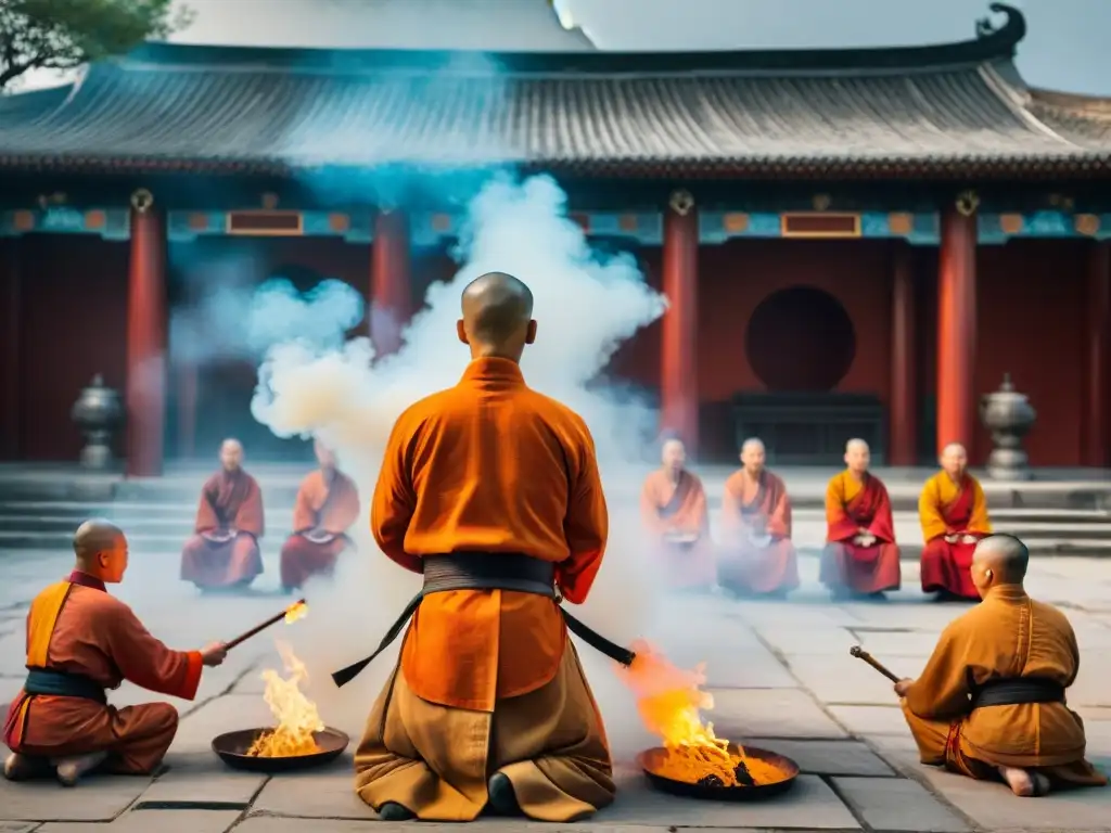 Rituales de iniciación en artes marciales: Monjes Shaolin en intenso ritual en un antiguo templo, entre neblina y sombras danzantes