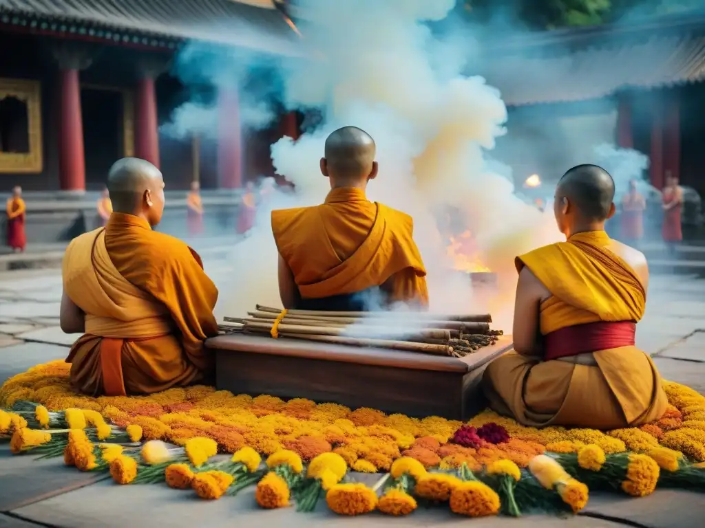 Rituales budistas en funeral: monjes en ceremonia alrededor de pira de flores de cempasúchil