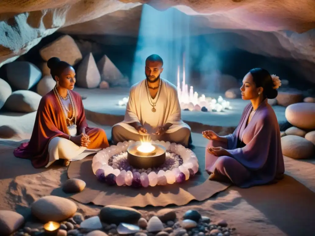 Rituales de curación con cristales antiguos desvelados en caverna iluminada por velas