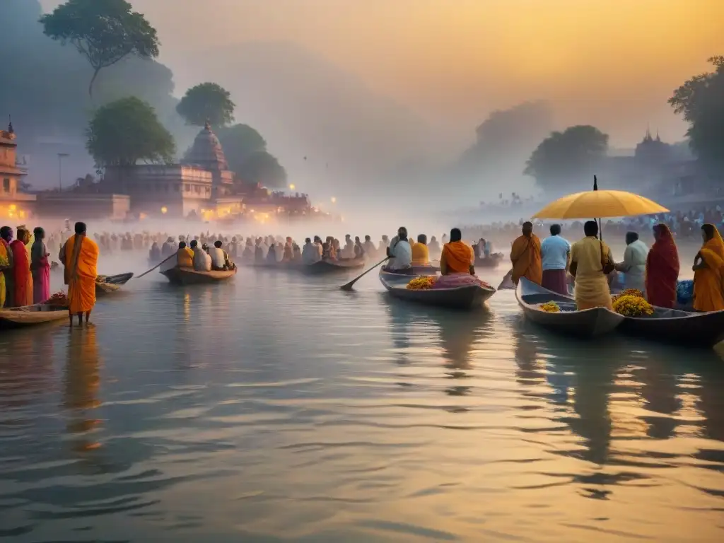 Rituales de purificación en el Ganges al amanecer, con devotos, flores flotantes y luz dorada reflejada en el río