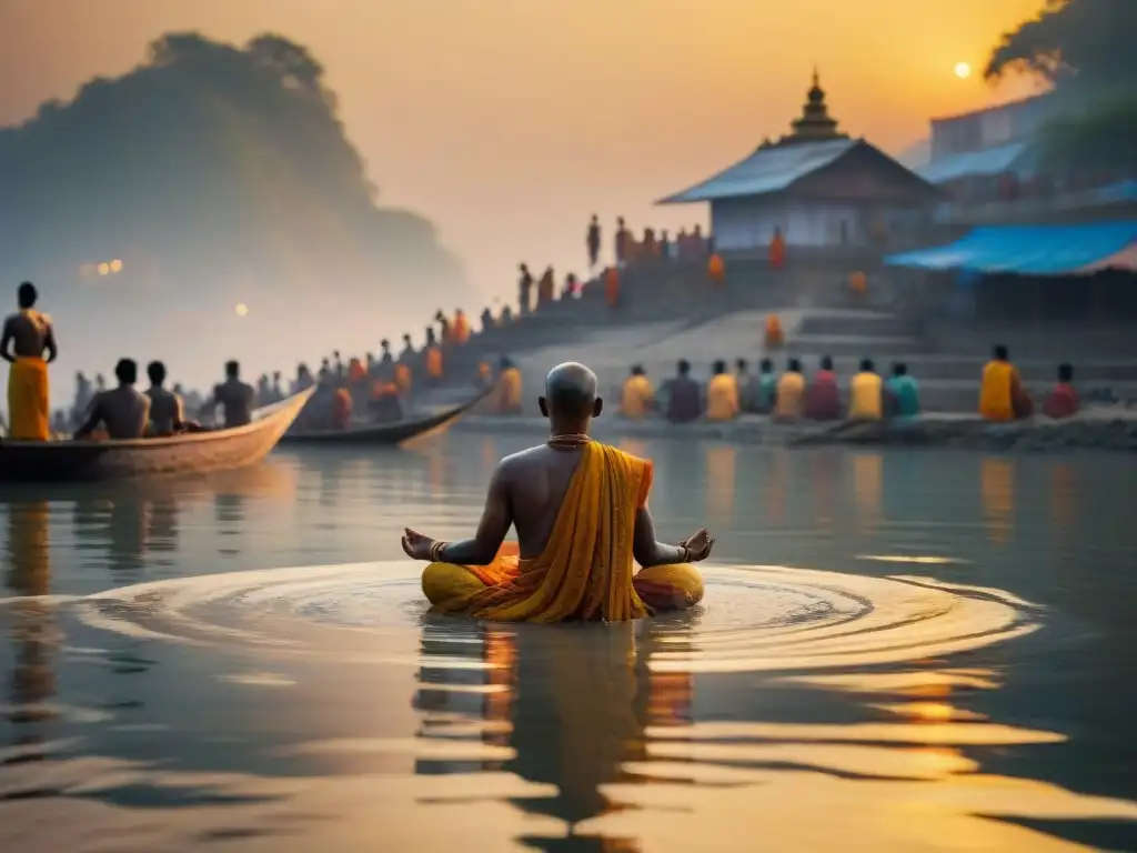 Rituales de purificación en el Ganges: Devotos bañándose al amanecer, conectando con lo sagrado y la naturaleza