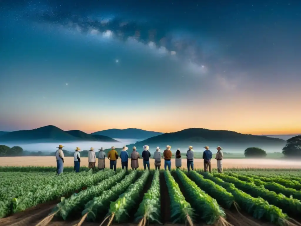 Rituales estelares para cosecha exitosa: Agricultores conectando con el cosmos bajo la luz de la luna y las estrellas en la noche