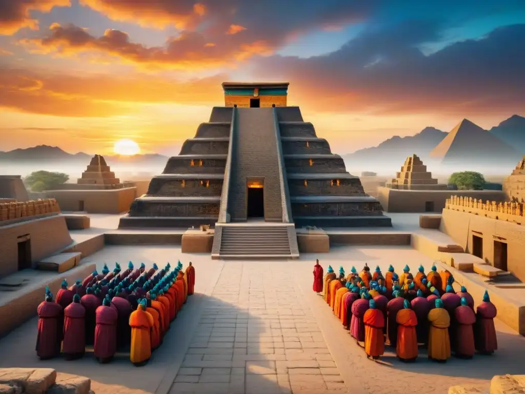 Rituales funerarios sumerios más allá: Ceremonia en un ziggurat al atardecer, con sacerdotes, mercados y arquitectura antigua