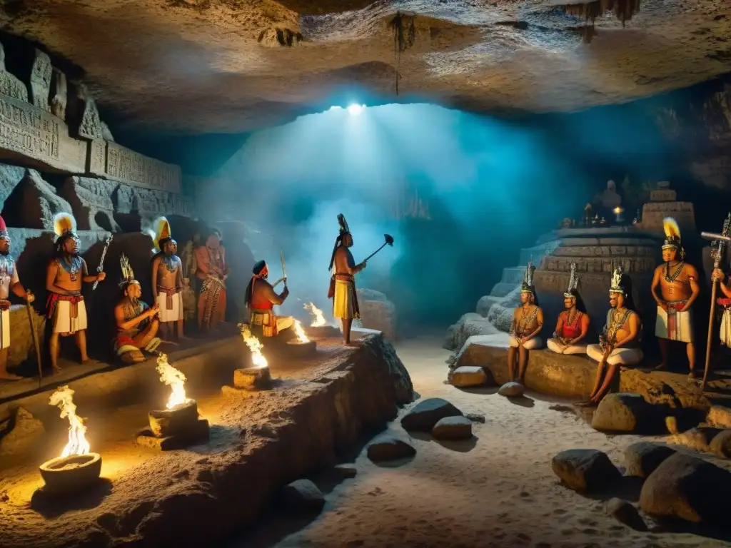 Rituales de iniciación mayas en el inframundo: Mural de sacerdotes realizando ceremonias sagradas en una cueva iluminada con antorchas