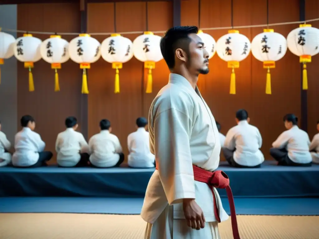 Rituales de iniciación en artes marciales: Maestro ancestral y alumnos en dojo sereno