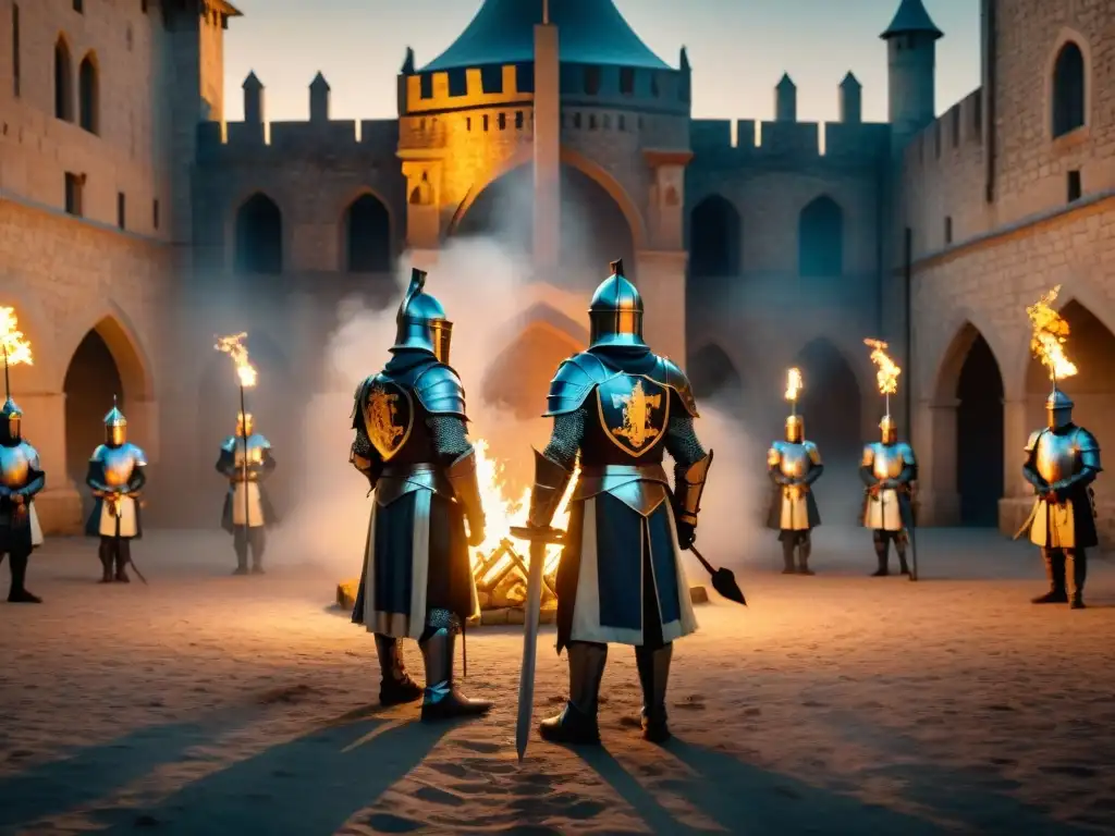 Rituales de la Orden del Temple: Caballeros en ceremonia mística bajo antorchas en el patio de un castillo medieval