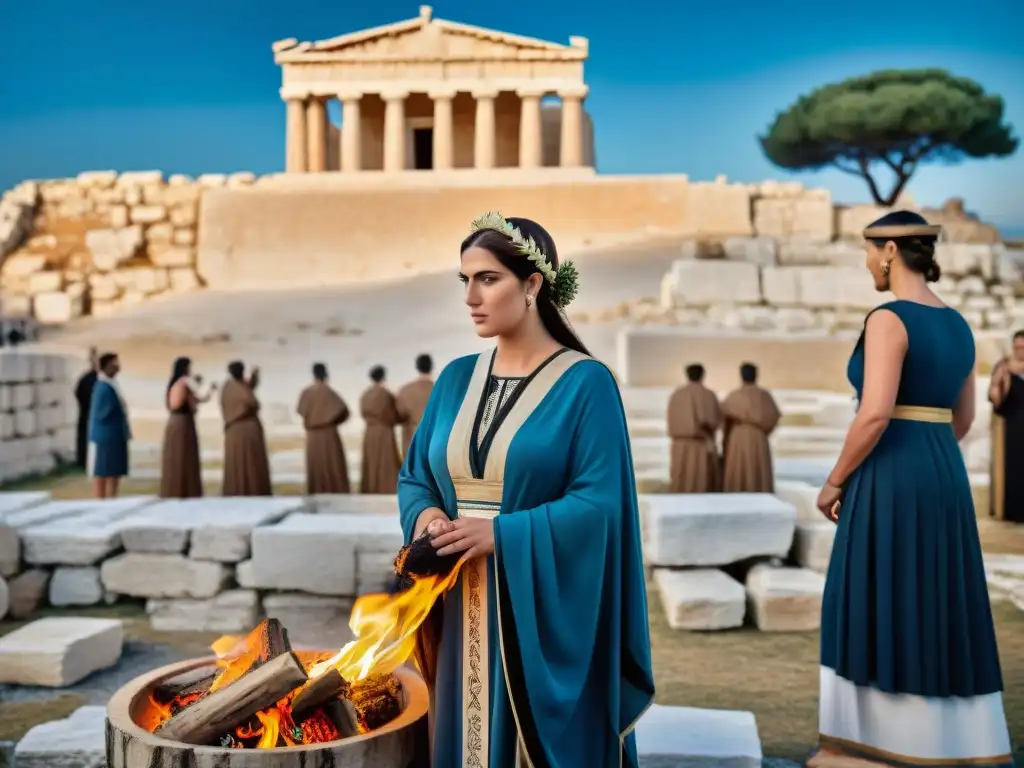 Rituales de paso en Grecia: Grupo en atuendo tradicional en torno a pira funeraria, con ofrendas y laureles, en escenario griego antiguo