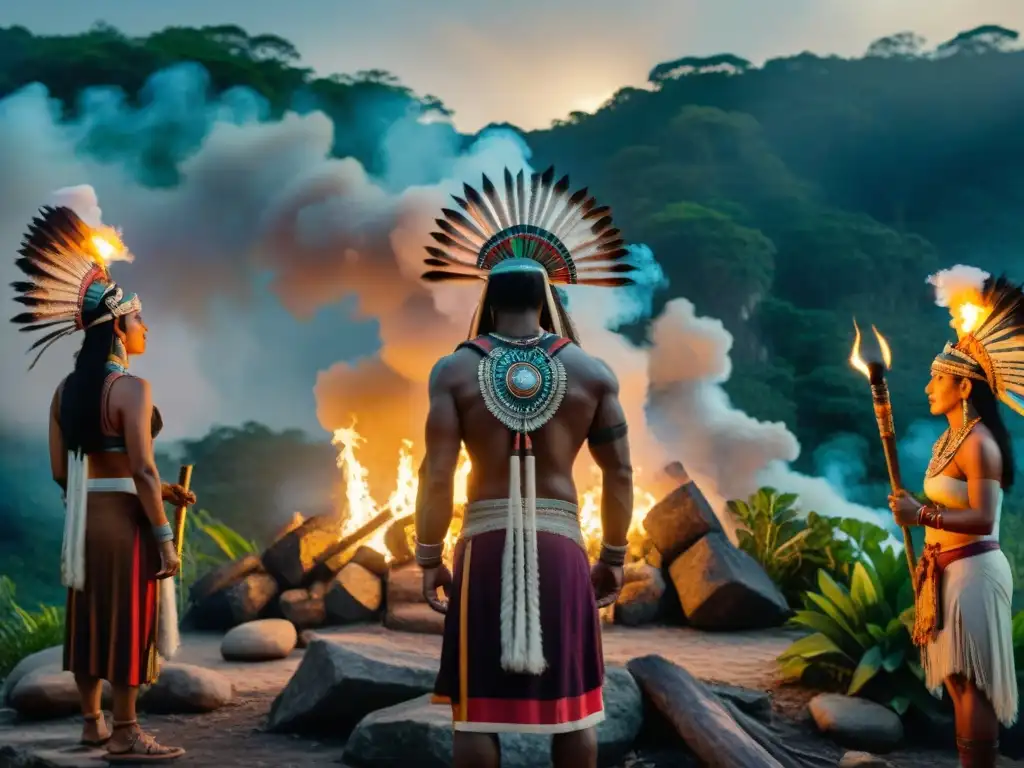 Rituales de poder en civilizaciones antiguas: Shamans mayas realizan un ritual sagrado en la jungla al anochecer, entre antorchas y ruinas