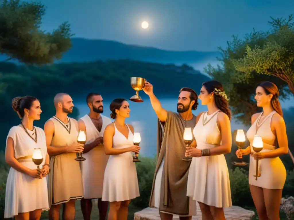 Rituales de iniciación en Grecia: Grupo en trajes tradicionales realizando un ritual bajo la luna entre vegetación exuberante