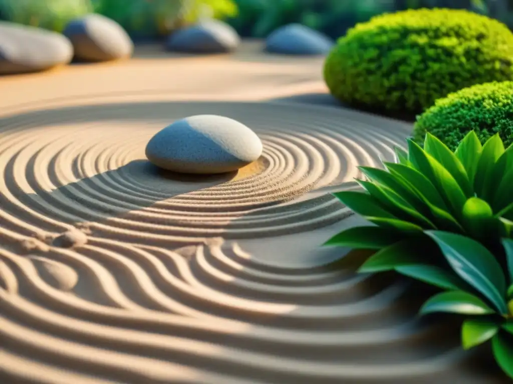 Un jardín zen para meditación: arena y rocas cuidadosamente dispuestas bajo la luz del sol entre la exuberante vegetación