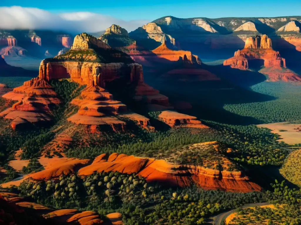 Formación rocosa roja en Sedona con vórtices energéticos iluminados, resaltando su textura y belleza natural