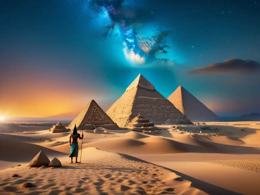 Hechiceros egipcios bajo Anubis: magia ancestral en papiro Rollos de papiro con hechiceros egipcios y Anubis, dios del más allá, en una noche mágica