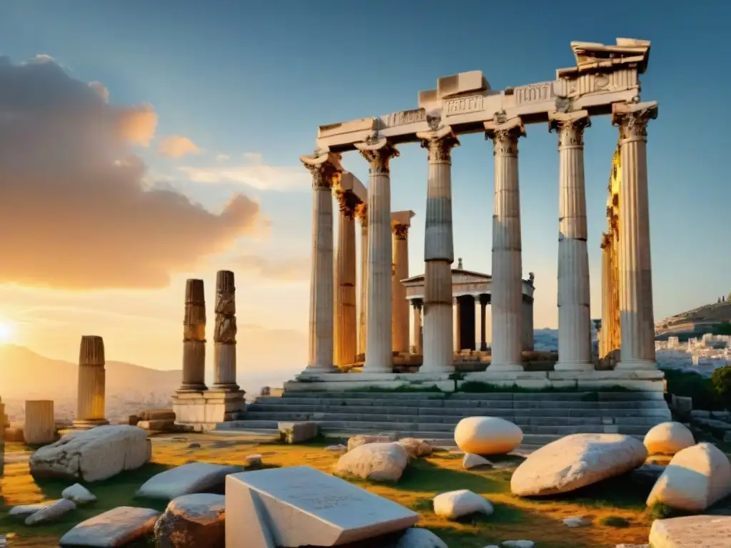 Ruinas de la Academia de Atenas al atardecer, evocando la Filosofía de Platón y República