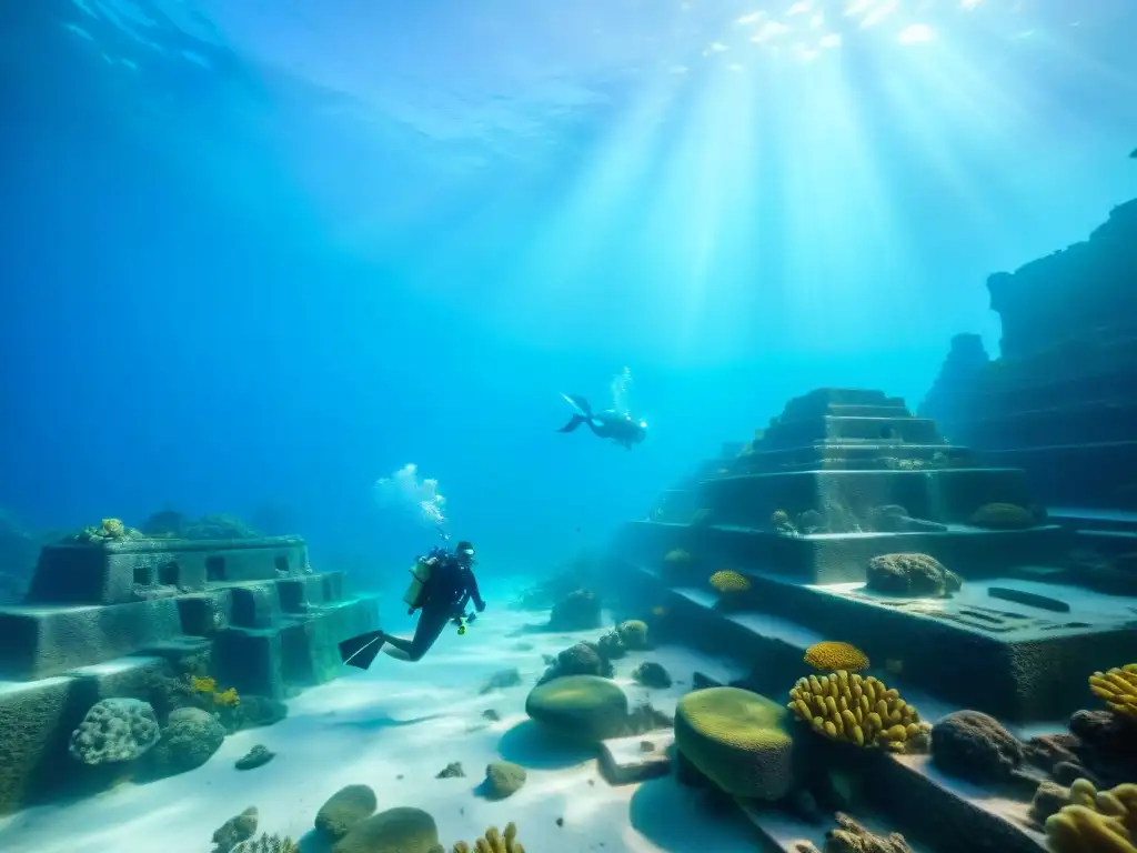 Ruinas ancestrales de la ciudad perdida de la Atlántida, cubiertas de coral y habitadas por peces tropicales