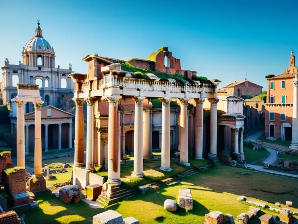 Ruinas ancestrales del Foro Romano, templos y arcos contra cielo azul