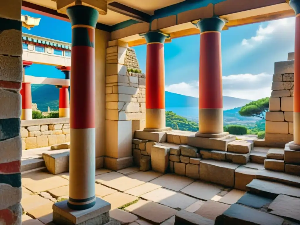 Ruinas ancestrales del Palacio de Knossos en Creta, con arquitectura minoica y frescos de Mitología Minotauro