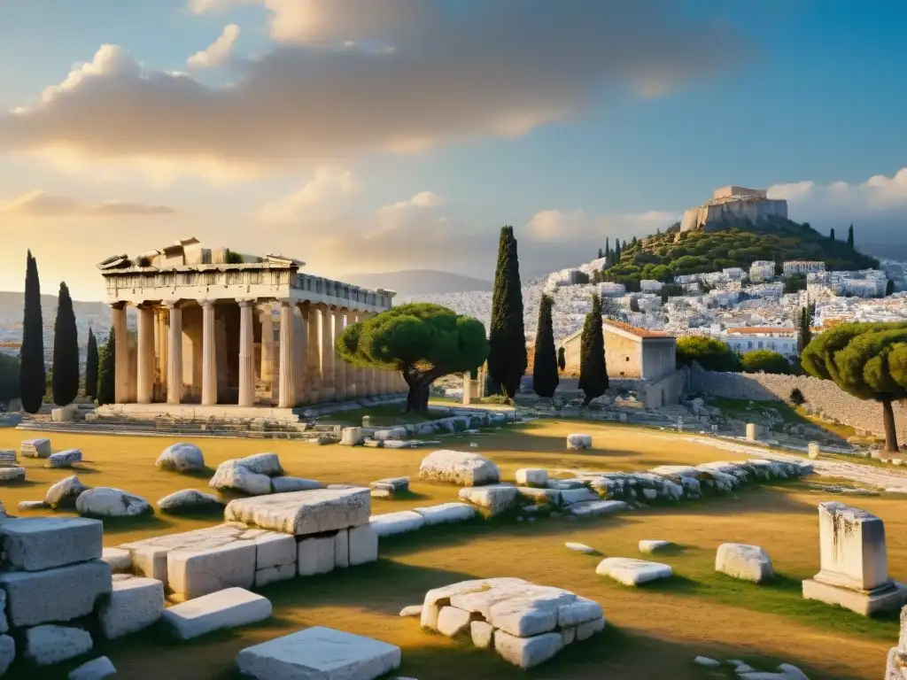 Ruinas de la antigua Ágora ateniense, destacando el nacimiento de la política en Atenas en mármol y relieves