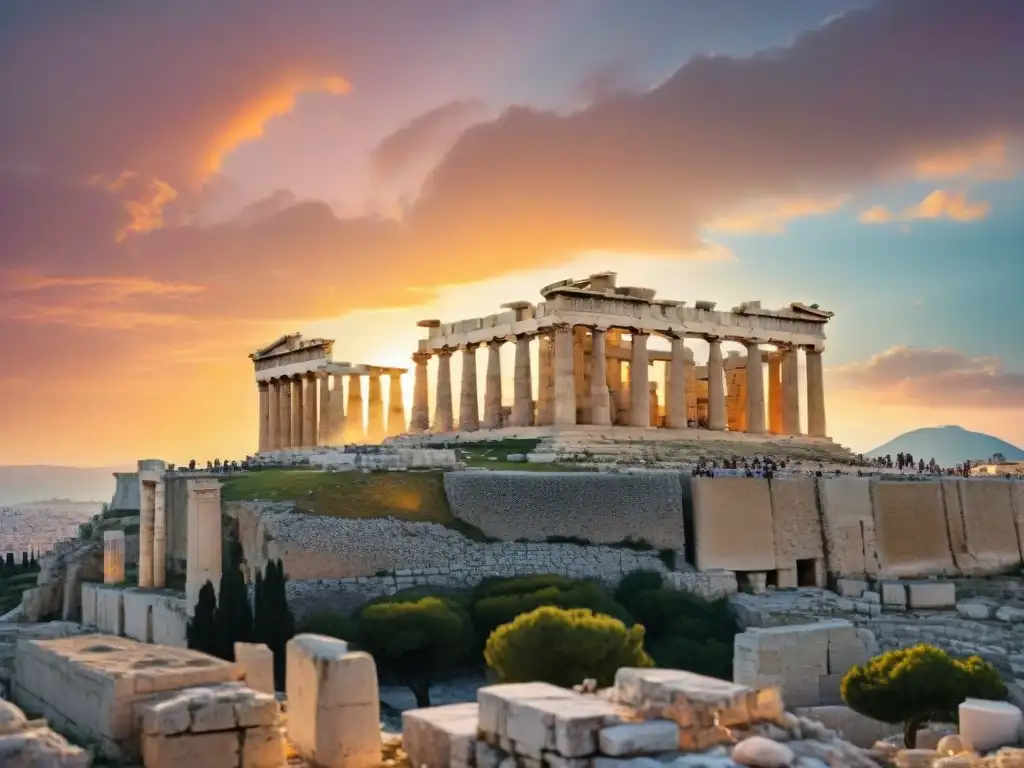 Ruinas antiguas de la Acropolis al atardecer con el Parthenon iluminado por la luz dorada, Festival Thargelia en Atenas