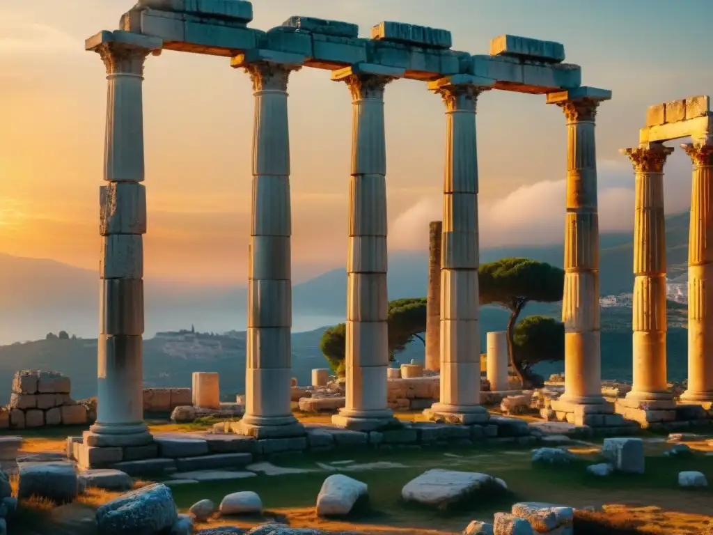 Ruinas antiguas de Elea al atardecer, bañadas en luz dorada, revelando la belleza y significado poema Parménides ser