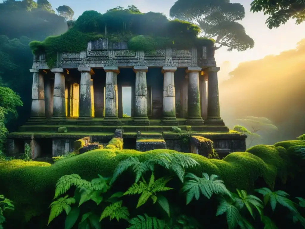 Ruinas antiguas cubiertas de musgo en la selva al atardecer, evocando expediciones antiguas civilizaciones misteriosas