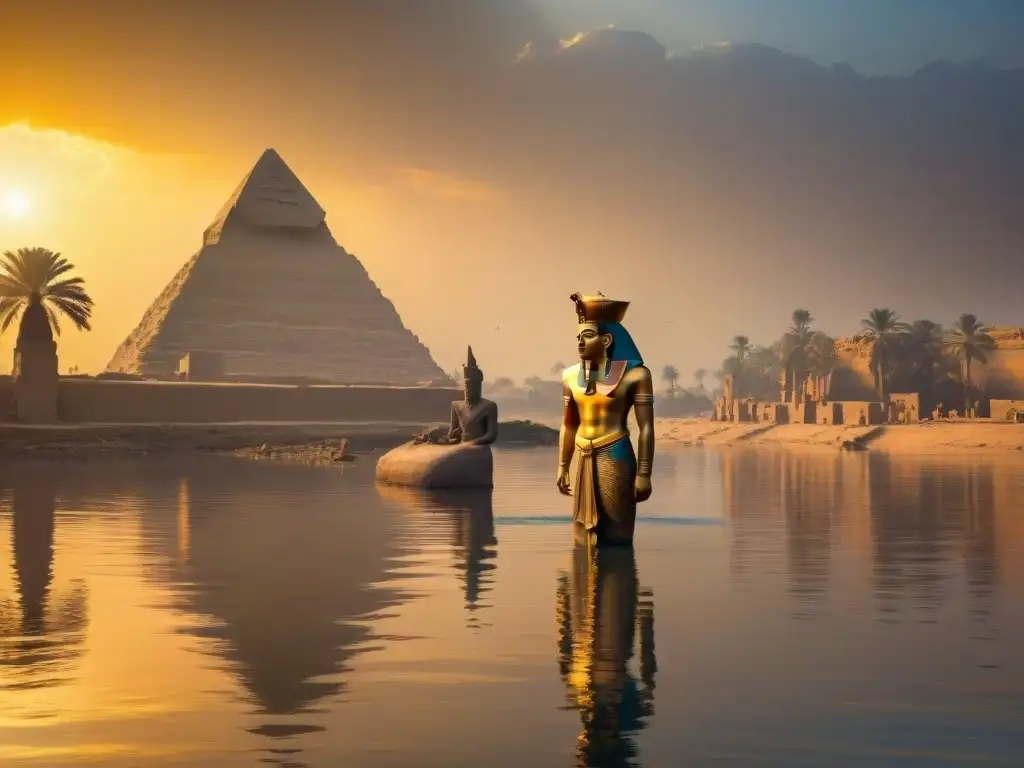 Ruinas ancestrales del Nilo en temporada de inundación Ruinas antiguas y estatuas parcialmente sumergidas en la misteriosa inundación del Nilo al atardecer