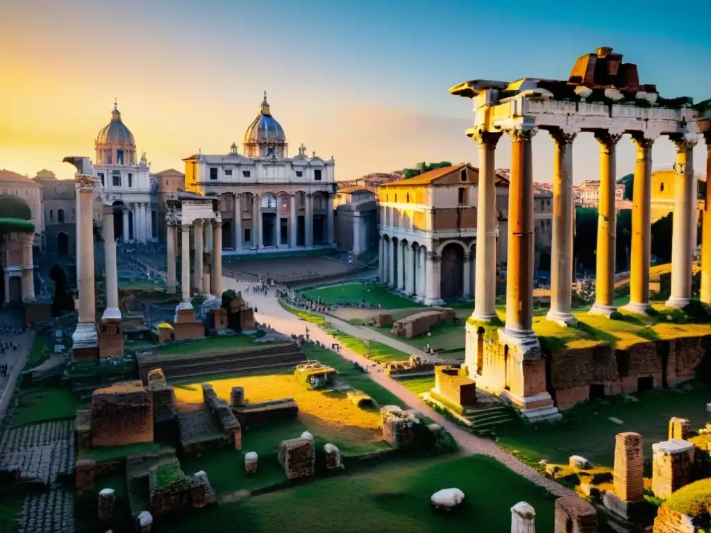 Ruinas antiguas del Foro Romano al atardecer, destacando el Templo de Saturno y el Arco de Septimio Severo