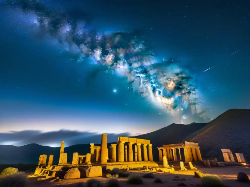 Ruínas antiguas bajo los misterios del cielo nocturno, conectando con la cosmovisión ancestral de América