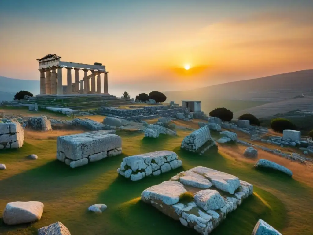 Ruinas antiguas en Elea, Grecia, donde Parménides reflexionaba sobre el significado del ser, iluminadas por un vibrante atardecer