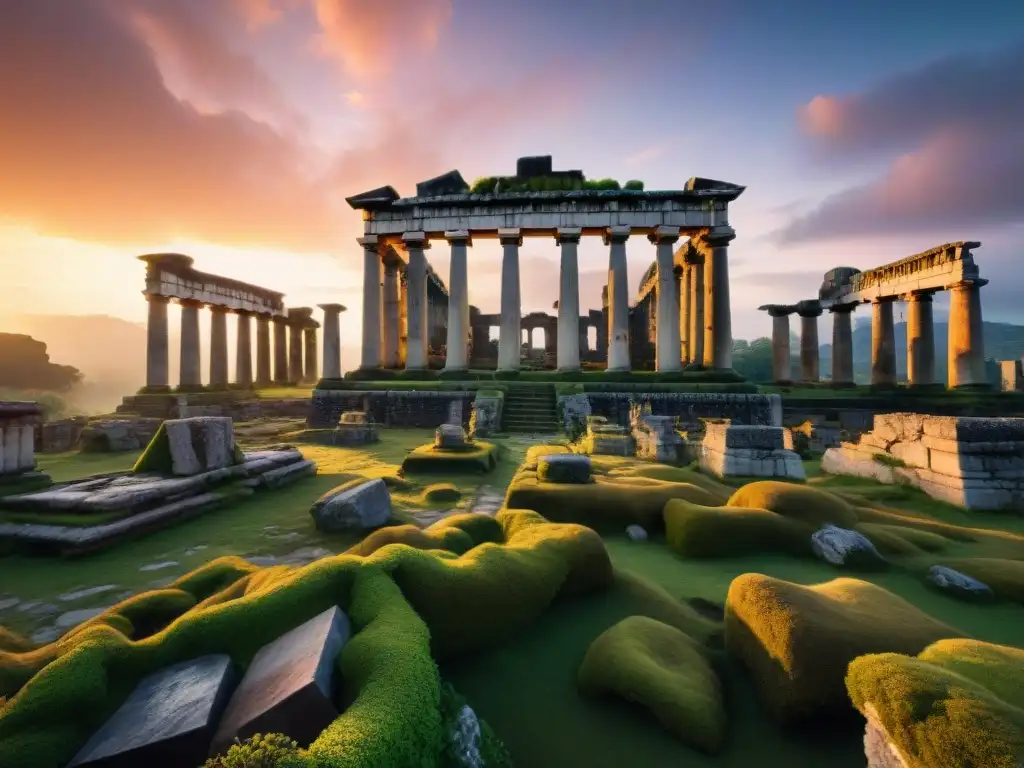 Ruinas de un antiguo imperio con estructuras de piedra cubiertas de musgo y enredaderas, bajo un dramático cielo al atardecer