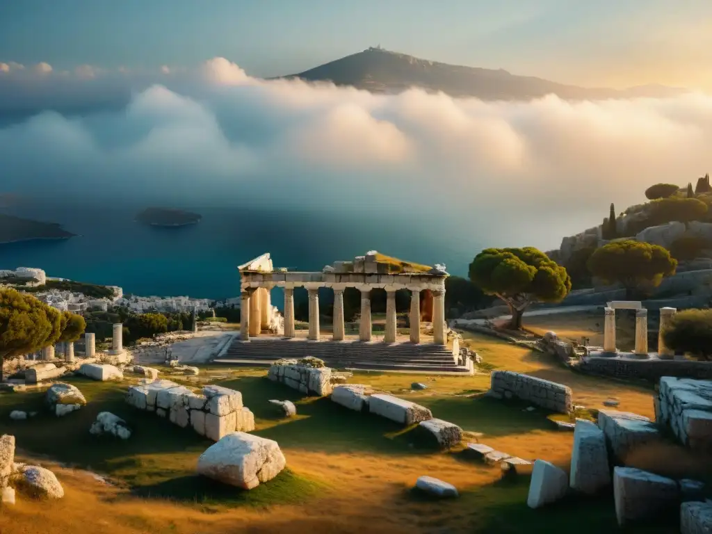 Ruinas del antiguo santuario de Eleusis en Grecia, con grabados en pilares de piedra y un aura de misterio y espiritualidad