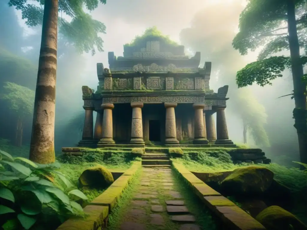 Ruinas paganas: templo místico en bosque ancestral Ruinas de un antiguo templo pagano en los bosques de Rusia, con símbolos y dioses tallados en piedra