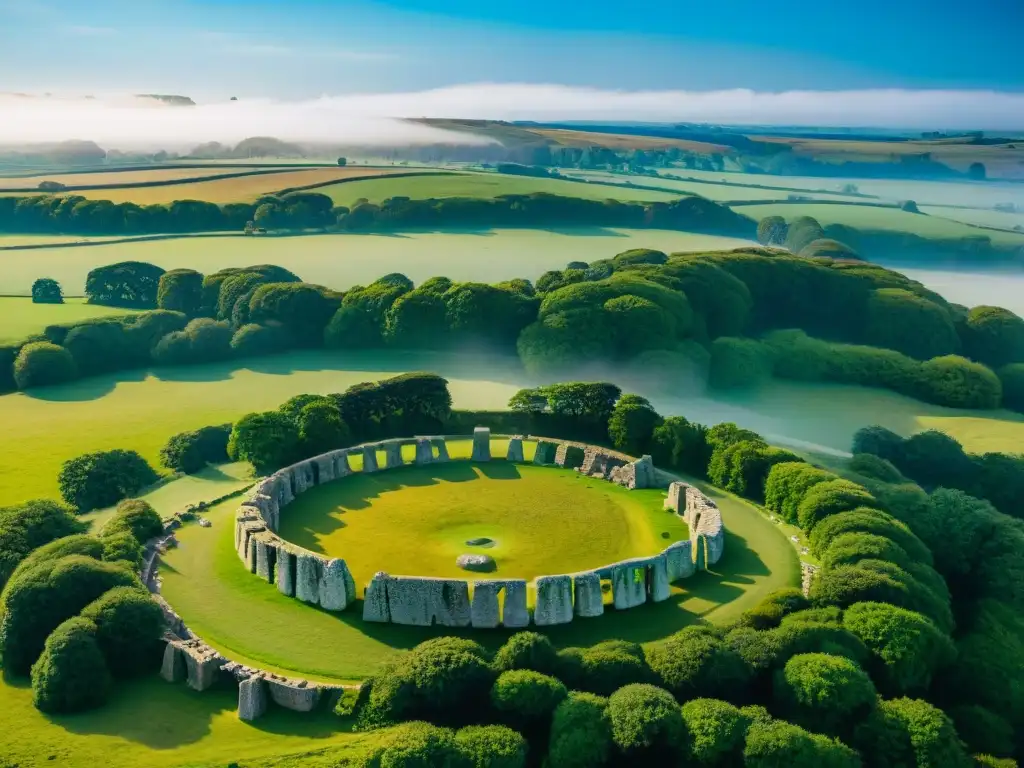 Ruinas celtas en Stonehenge: círculo de piedras antiguas rodeado de vegetación, bajo cielo azul