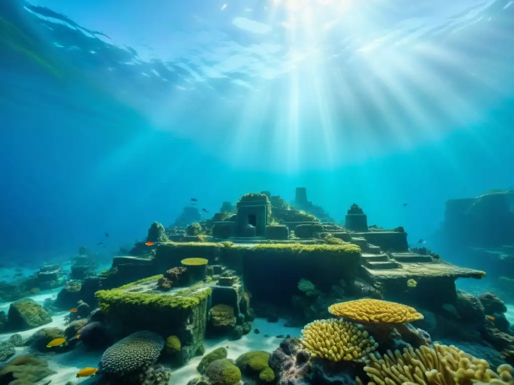 Ruinas de una ciudad mítica sumergida en aguas cristalinas, rodeada de coral y peces