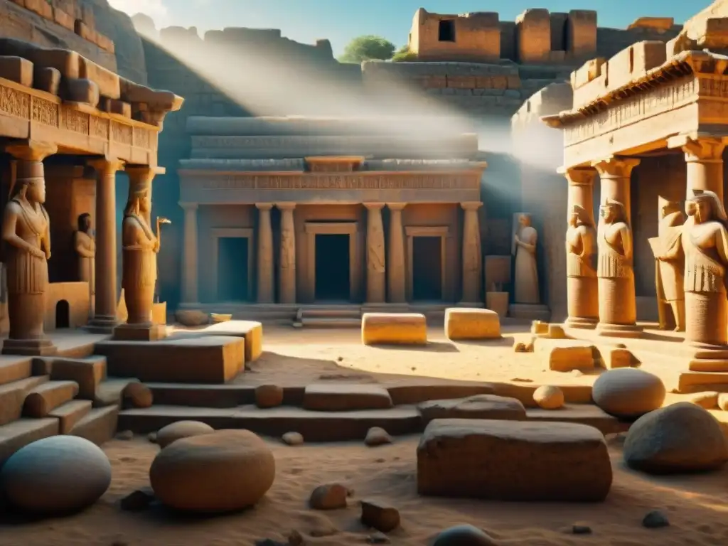 Ruinas detalladas de un mercado antiguo, con restos de puestos comerciales y artefactos