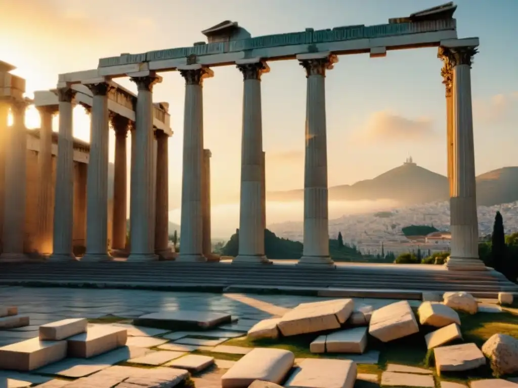 Ruinas doradas de la antigua Academia de Atenas al atardecer, evocando las enseñanzas de Platón en la Antigua Grecia