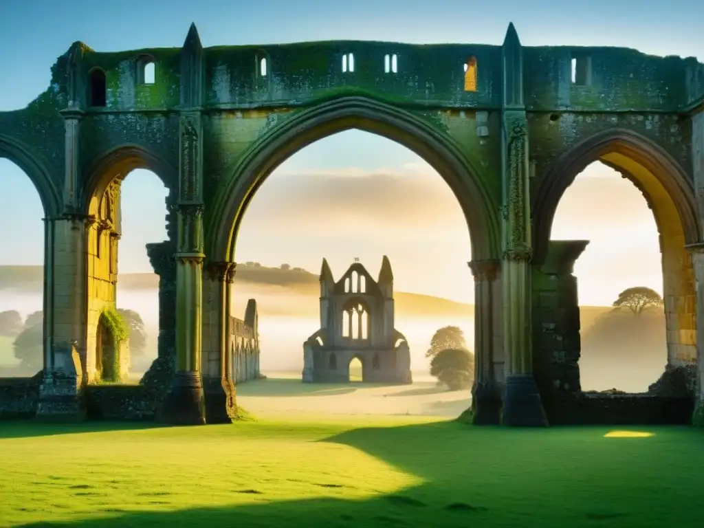 Ruinas etéreas cubiertas de niebla de la Abadía de Glastonbury al amanecer, con el Tor de Glastonbury elevándose majestuosamente en el fondo