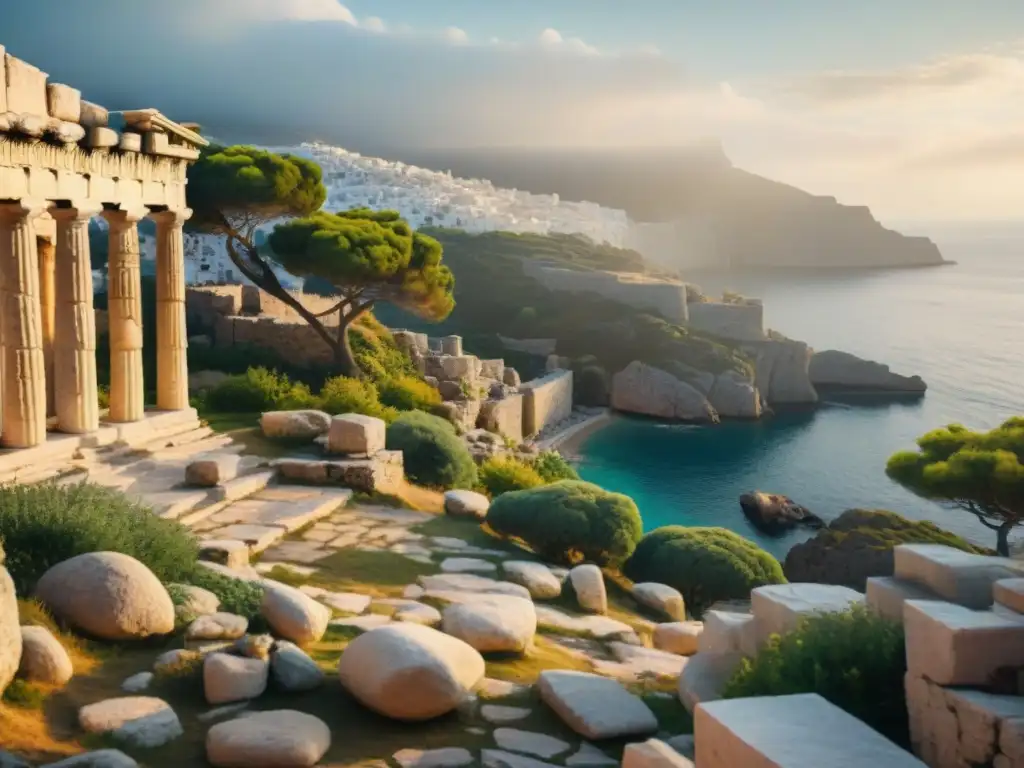 Ruinas griegas antiguas envueltas en vegetación exuberante, reflejando armonía entre naturaleza e historia
