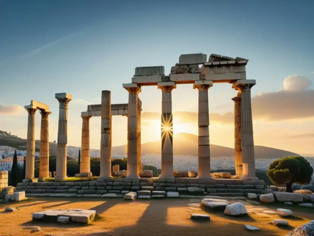 Ruinas del Liceo de Aristóteles en Atenas al atardecer, con majestuosas columnas y arcos proyectando sombras, pilares éticos Antigua Grecia