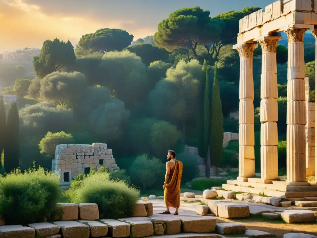 Ruinas del Liceo de Aristóteles en Atenas al atardecer, simbolizando la búsqueda eterna de la ética, la felicidad y la virtud