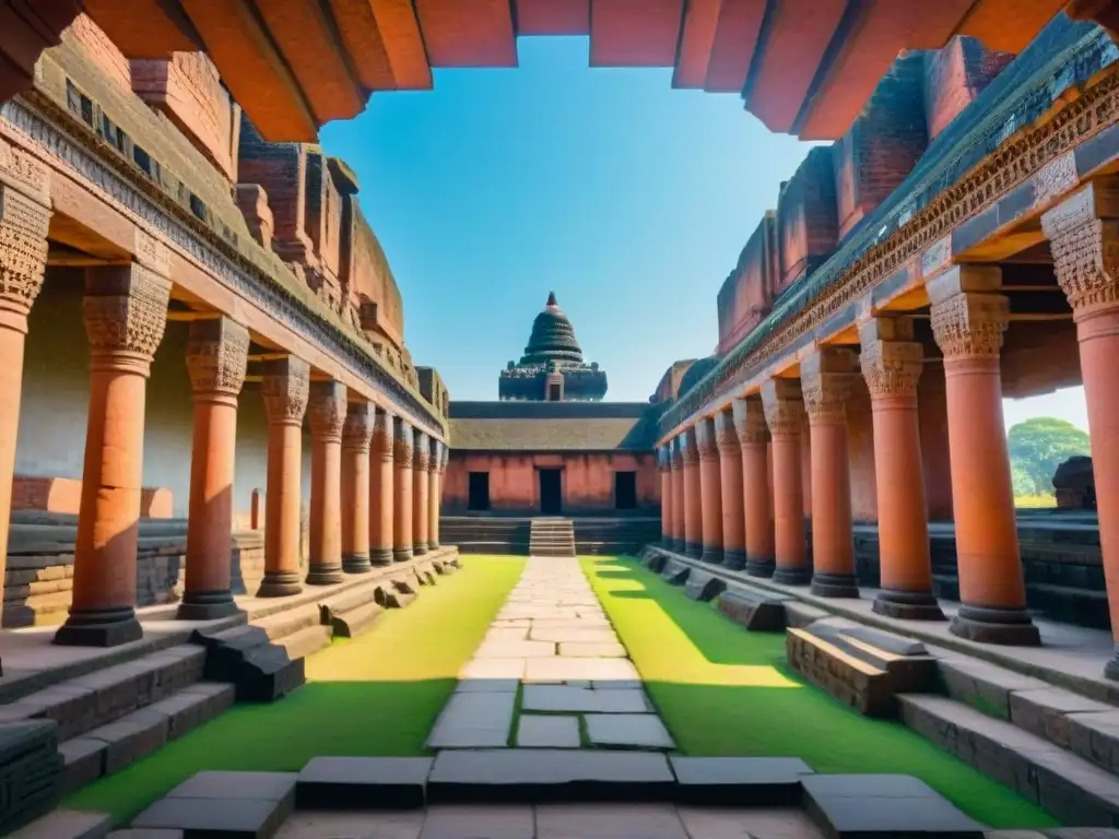 Ruinas majestuosas de la antigua Universidad de Nalanda en India, con detalladas esculturas de piedra y pilares desgastados bajo un cielo azul claro