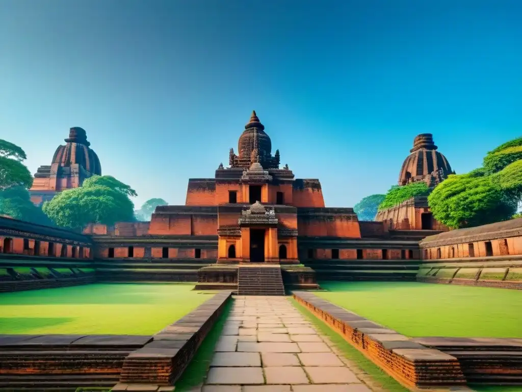 Ruinas majestuosas de la antigua Universidad de Nalanda, con pilares imponentes y tallados detallados