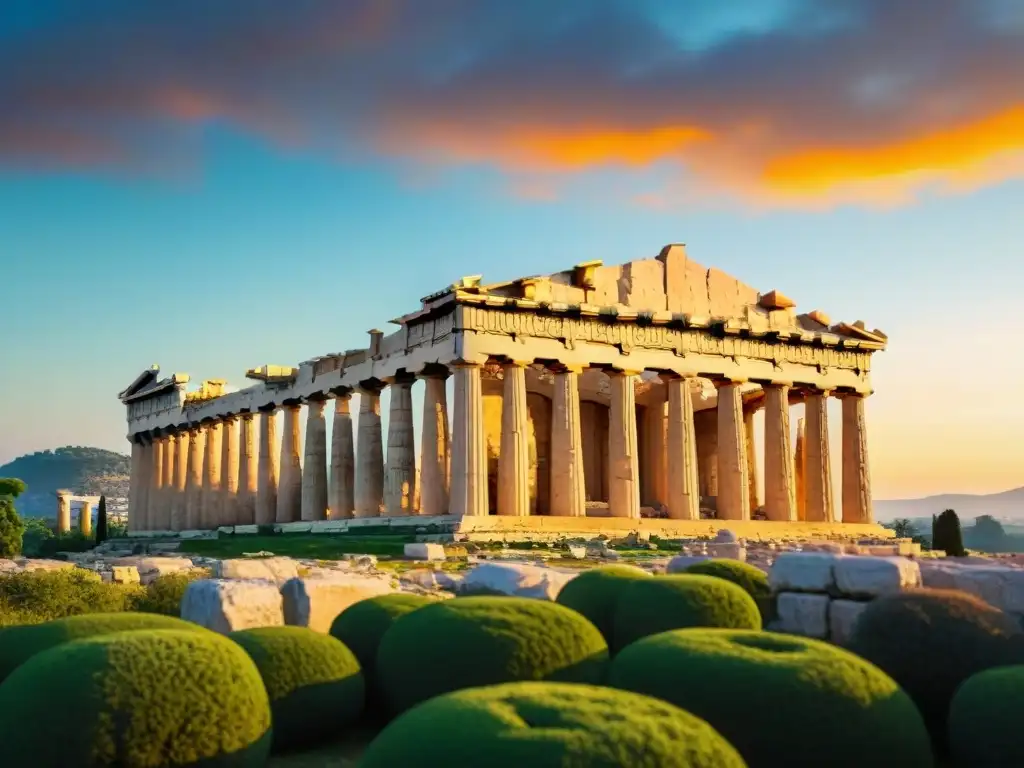 Ruinas majestuosas del templo de Partenón al atardecer, rodeadas de vegetación exuberante y aves volando