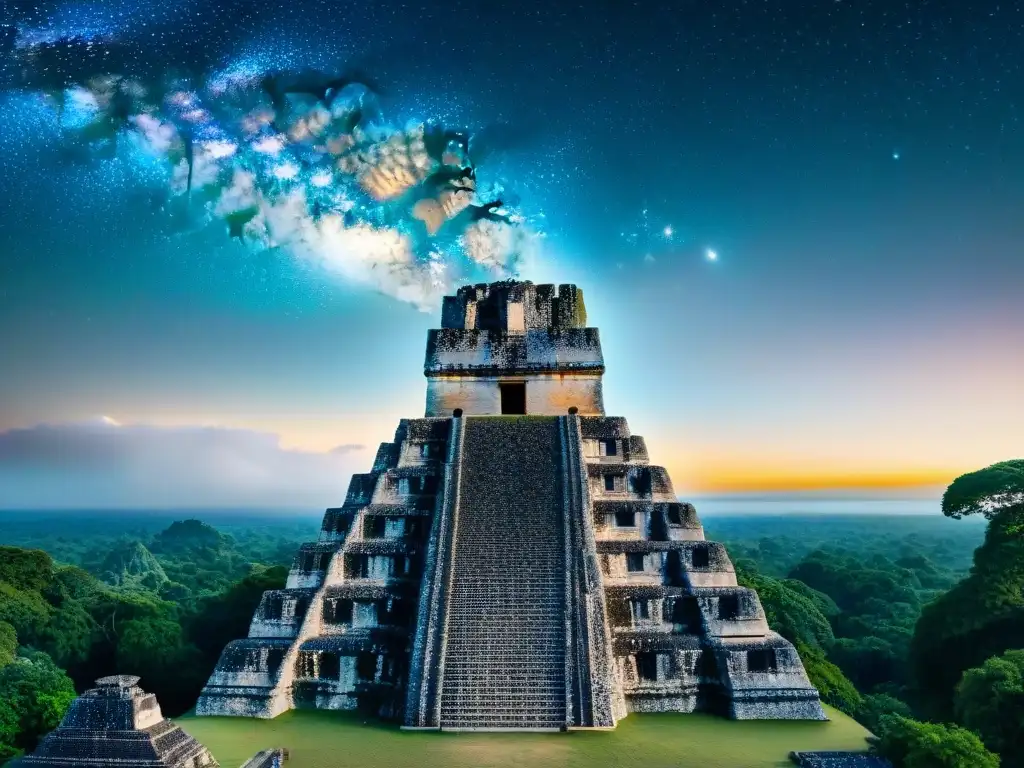 Ruinas mayas en Tikal bajo un cielo estrellado, fusionando pasado y estrellas en una lectura cósmica