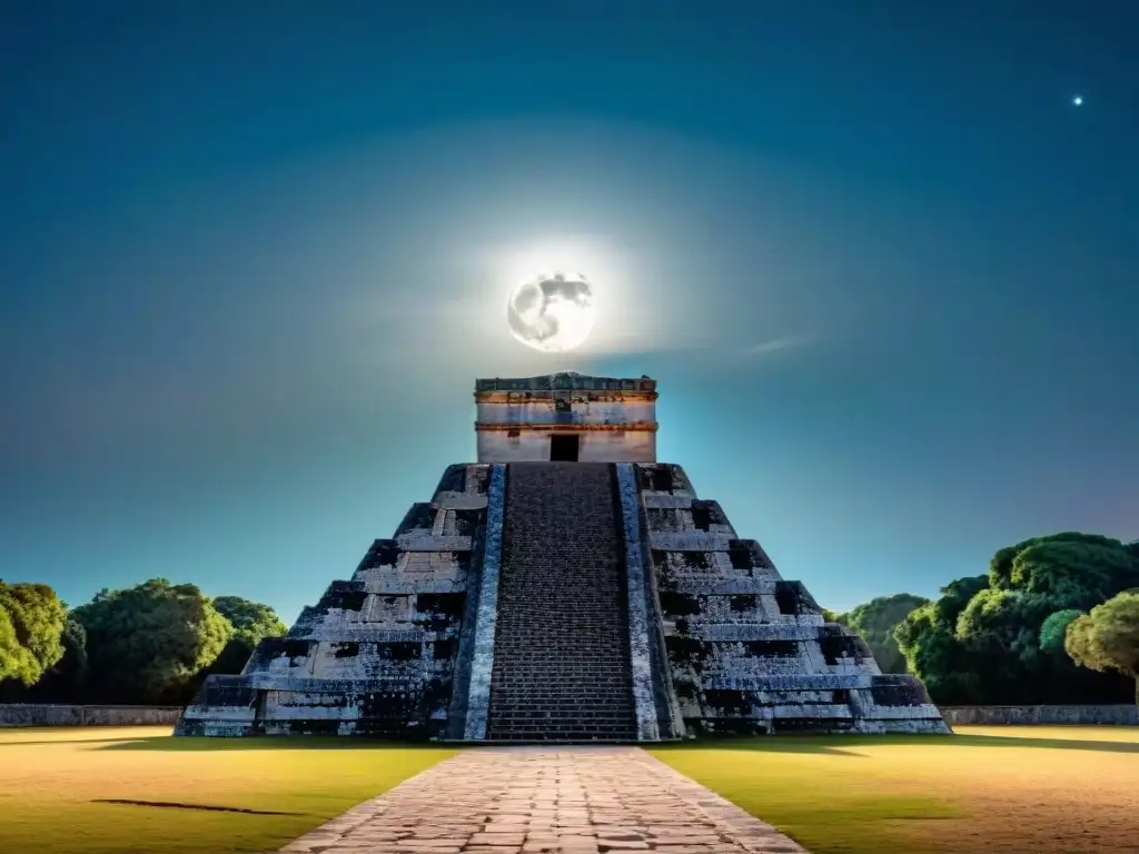 Ruinas Mayas de Chichen Itza iluminadas por la luna llena, con sombras dramáticas