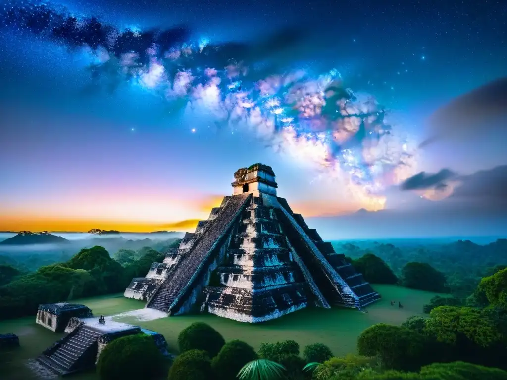 Ruinas mayas de Tikal al atardecer con la Vía Láctea, ilustrando la interpretación antigua de la Vía Láctea