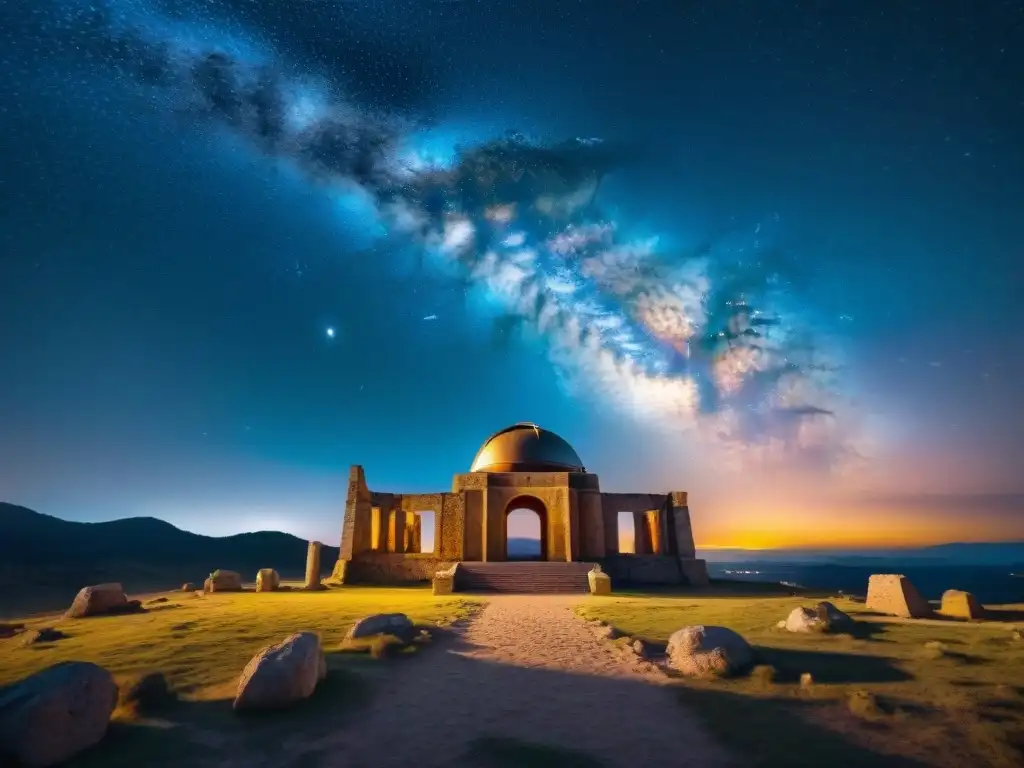 Ruinas de observatorio antiguo bajo cielo estrellado, con instrumentos astronómicos y la Vía Láctea