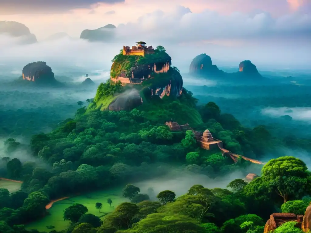 Ruinas del Palacio en las nubes Sigiriya, vista desde la cima con paisaje verde y nubes