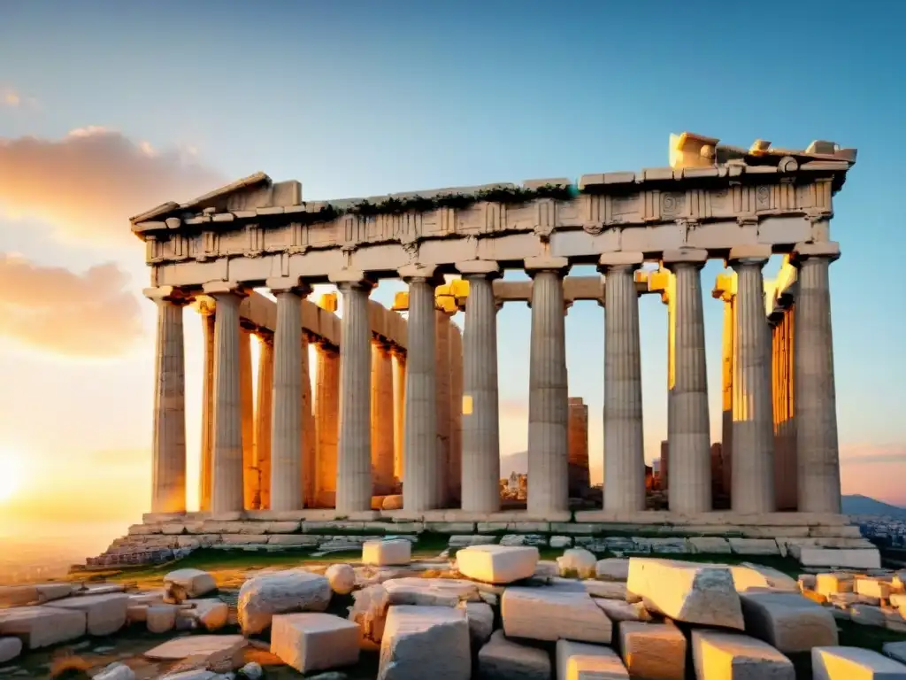 Ruinas del Partenón en Atenas al atardecer, con columnas dóricas y sombras dramáticas, simbolizando los conflictos éticos en mitos griegos